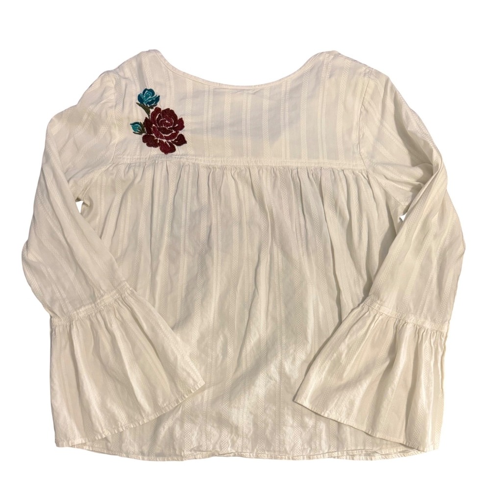 Ariat Embroidered Peasant Blouse Womens Small White Floral Tassel Bell Sleeve - Picture 4 of 10